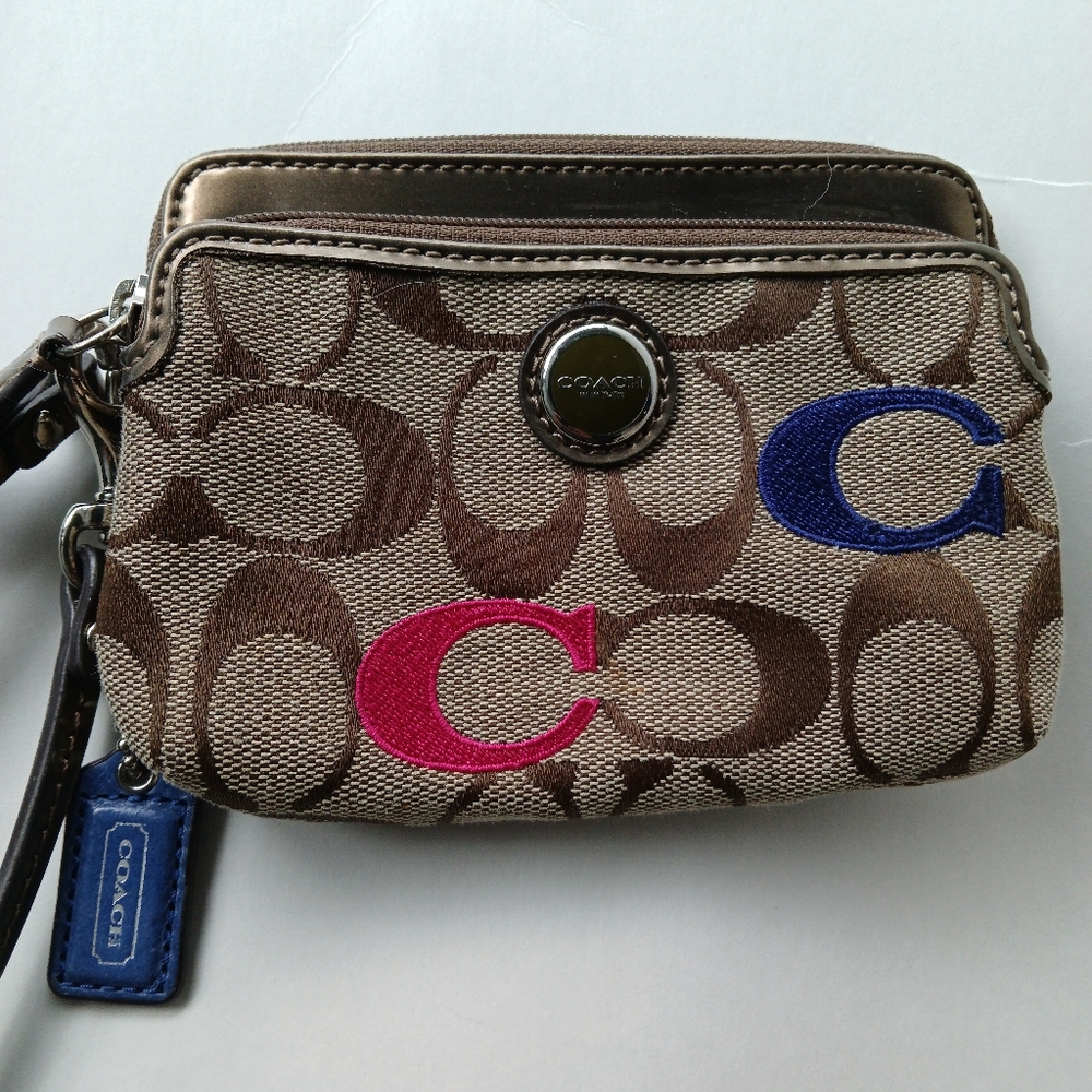 Coach Canvas Small Wristlet W/Blue & Red Letter Detail